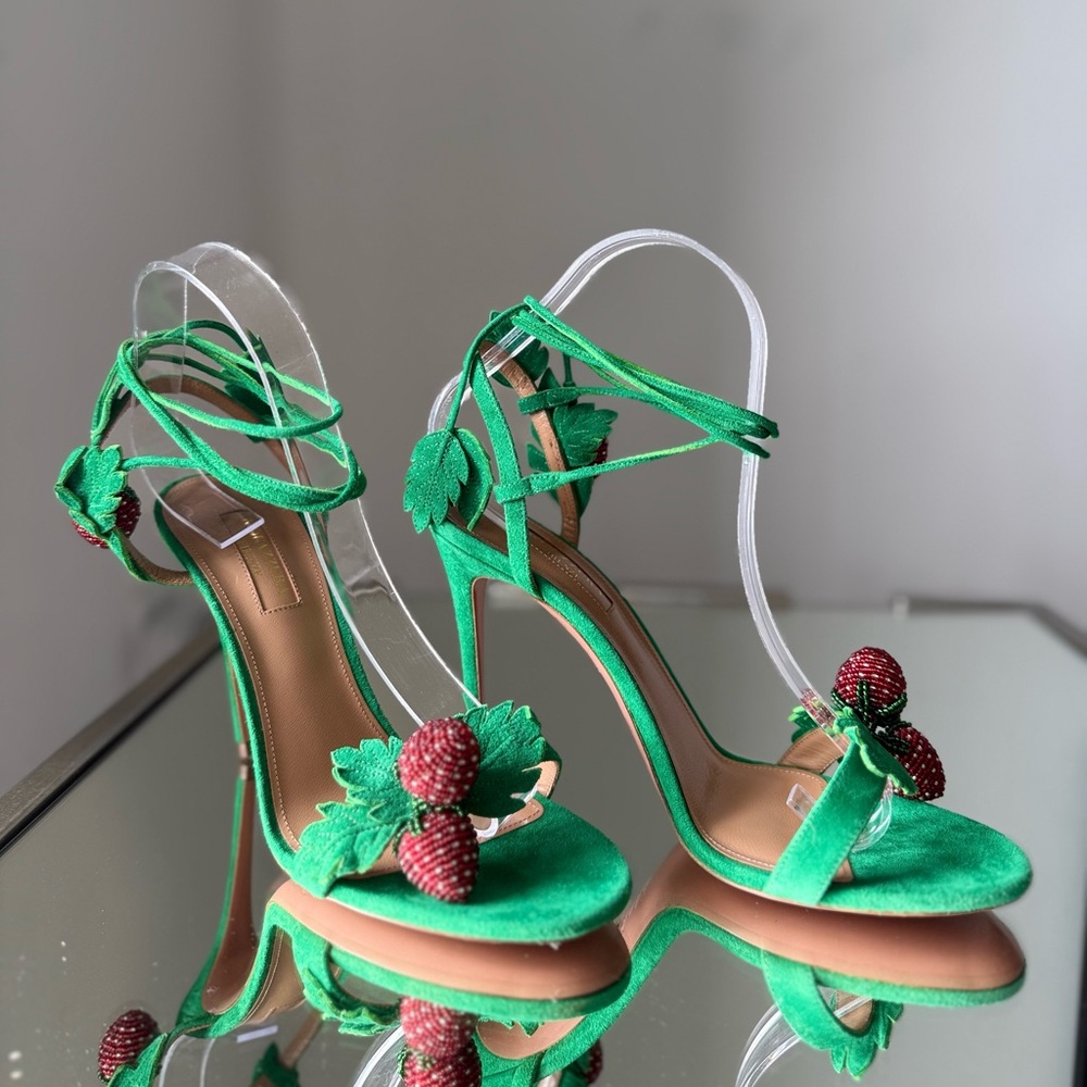 New Aquazzura Green Fragolina 105 Embellished Suede Sandals 38 $1,295 - Picture 12 of 14